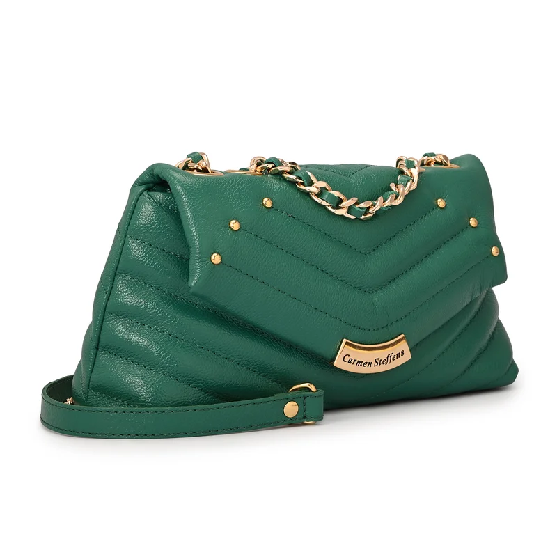 كارمن ستيفنز حقيبة جلدية مبطنة باللون الأخضر الأوكالبتوس مع تطبيق معدني